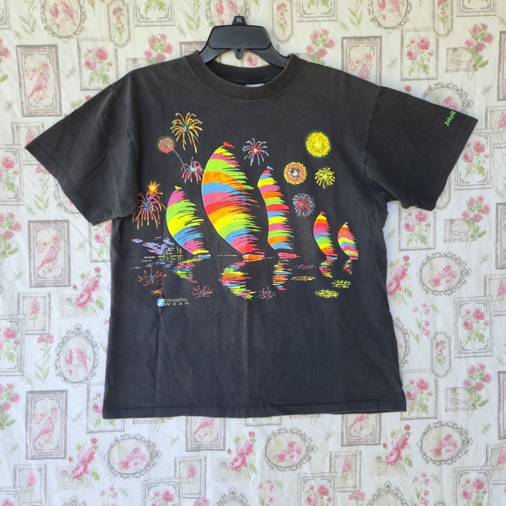 Vtg 90s Coastal Wear Sailboat Fireworks T Shirt L Neon Graphic Delta USA